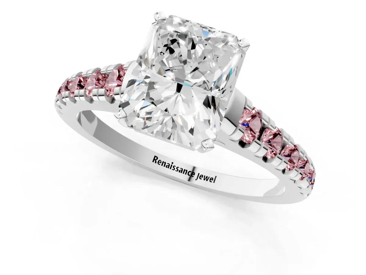 Radiant Cut Diamond Cathedral Solitaire Ring with Round Morganite Pavé Band Silver