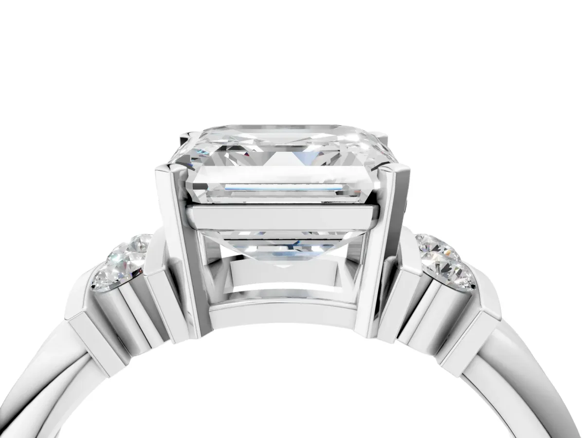 Asscher Cut Cut Three-Stone Channel Set Ring with Bar Prongs Platinum