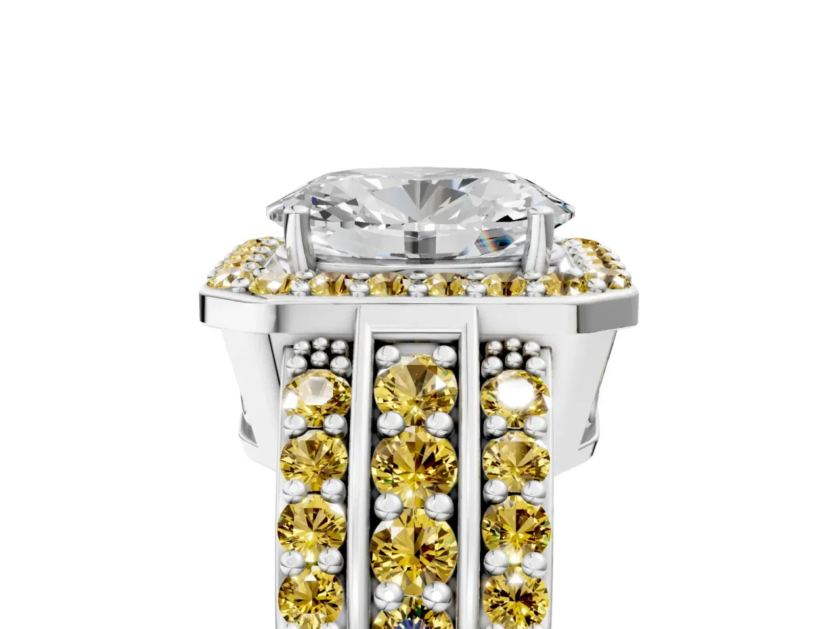 Oval Cut Halo Diamond Ring with Round Yellow Sapphire Split Shank and Prong Setting Silver