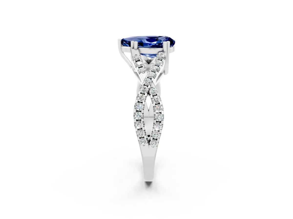 Pear Cut Blue Sapphire Solitaire Ring with Four-Prong Setting and Twisted Pavé Band Platinum