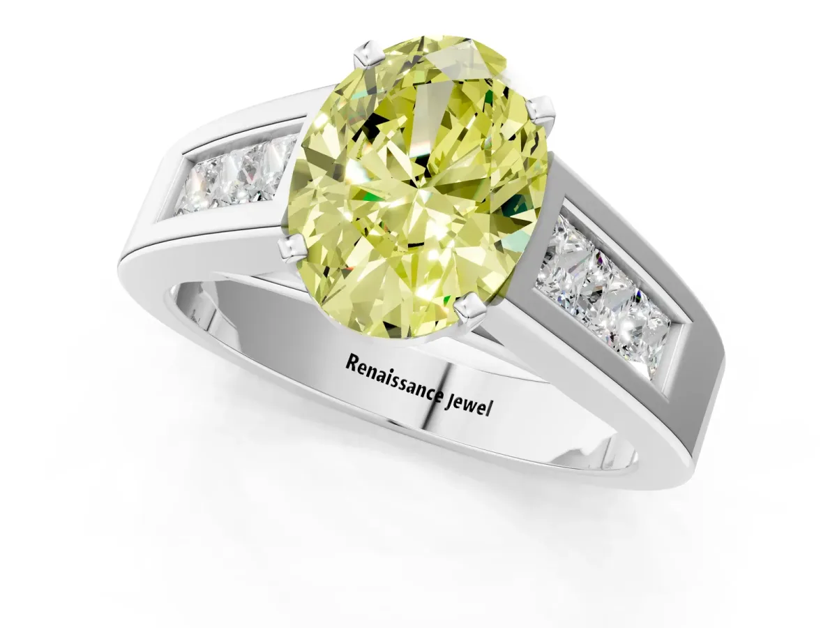 Fancy Yellow Oval Cut Cut Channel Set Solitaire Ring with Four-Prong Setting Platinum