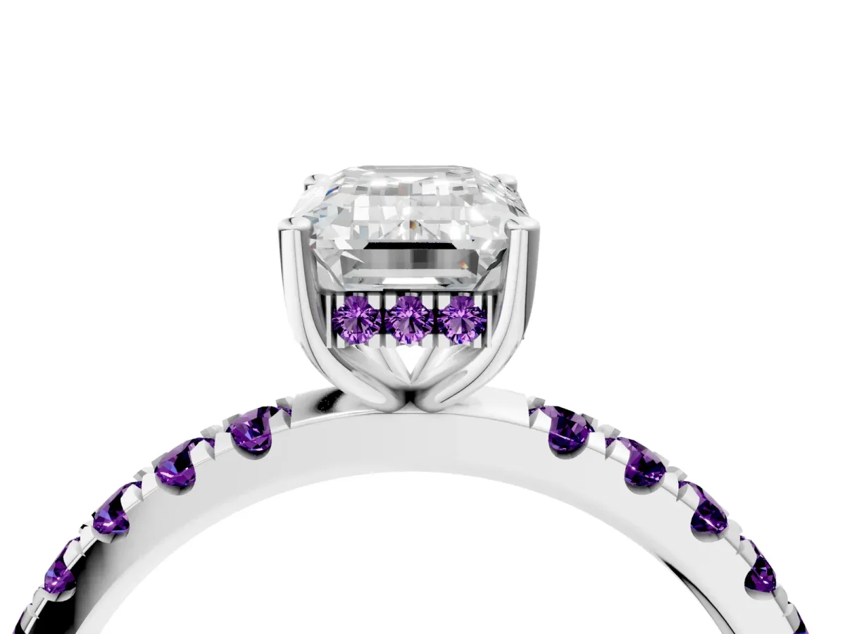 Emerald Cut Diamond Pave Band Solitaire Ring with Round Amethyst and Prong Setting Platinum