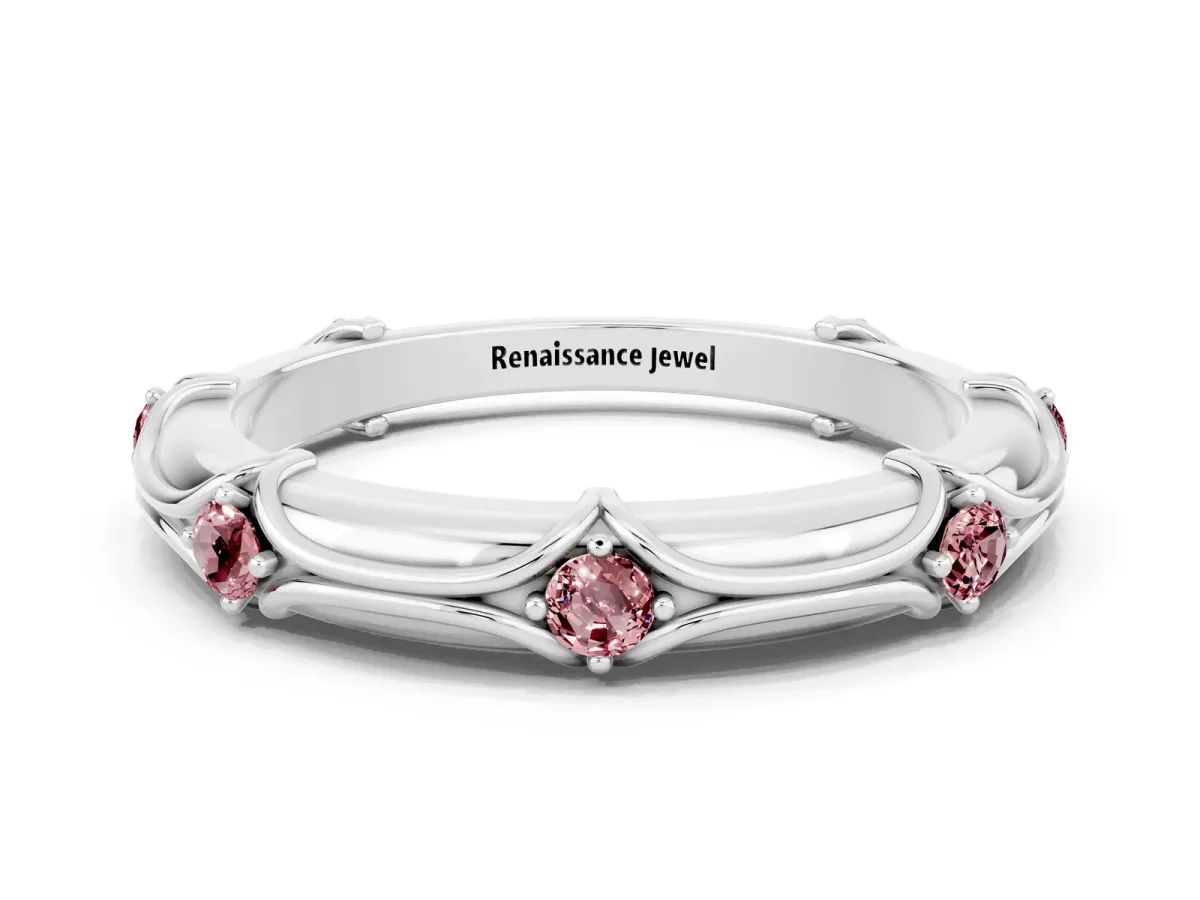 Round Morganite Prong Set Milgrain Eternity Band Silver