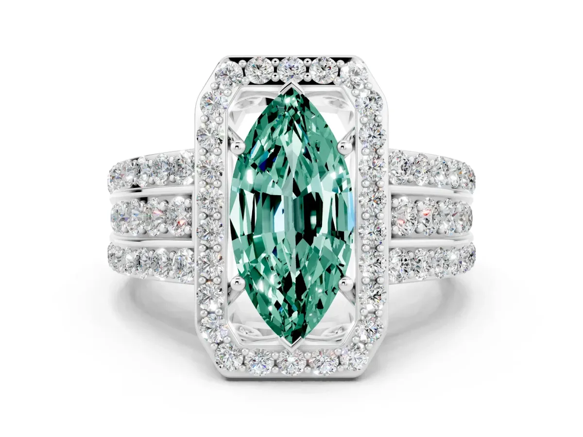 Marquise Cut Halo Green Sapphire Ring with Round Split Shank and Prong Setting Silver