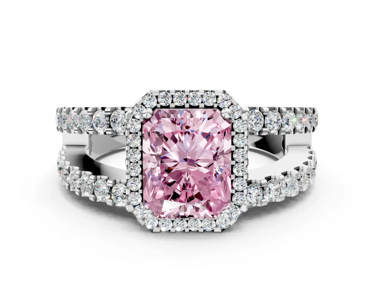 Fancy Pink Radiant Cut Cut Halo Split Shank Diamond Ring with Four-Prong Setting Platinum