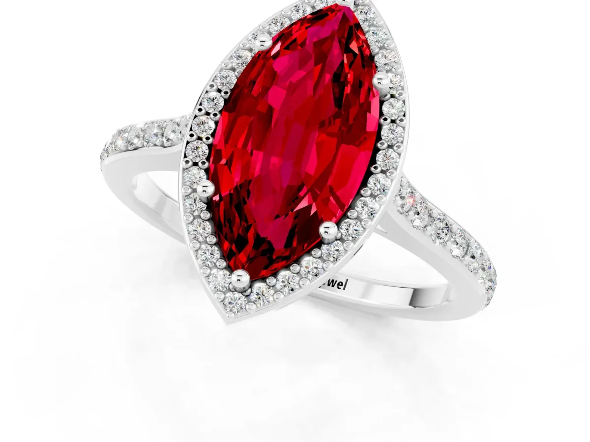 Marquise Cut Ruby Halo Engagement Ring with Round Pavé Shoulders and Prong Setting Platinum