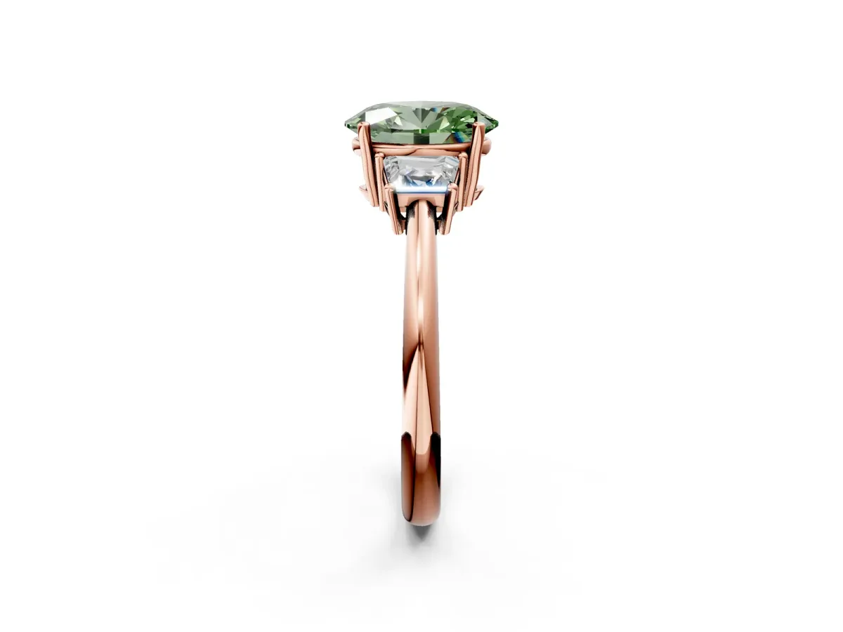 Fancy Green Oval Cut Diamond Three-Stone Ring with Trapezoid Side Stones and Prong Setting Rose gold