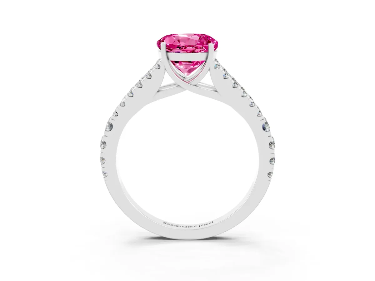 Round Cut Pink Sapphire Split Shank Engagement Ring with Round Pavé and Prong Setting Platinum