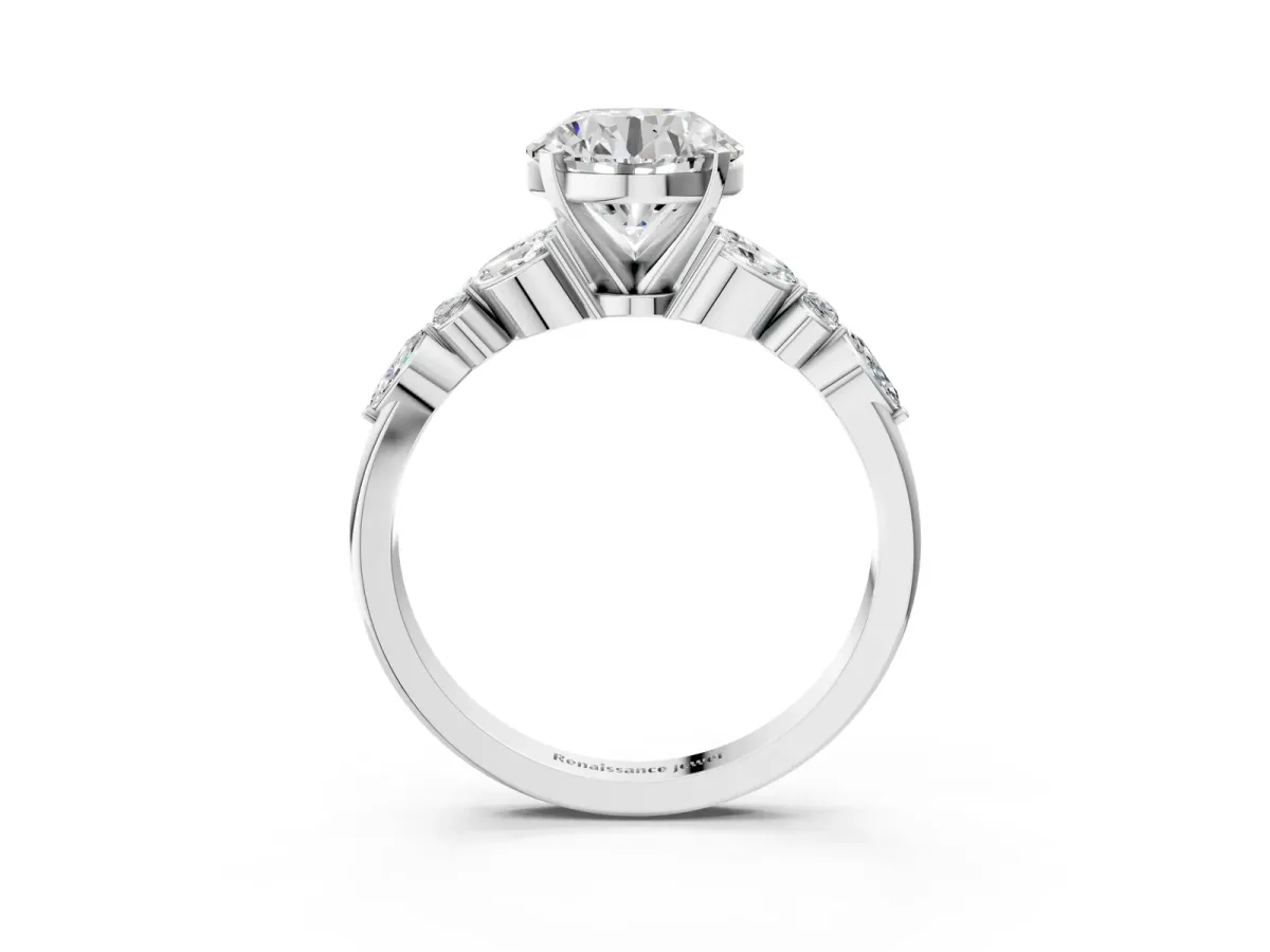 Round Cut Diamond Solitaire Ring with Side Stones and Four-Prong Setting White gold