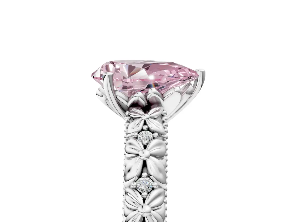 Fancy Pink Pear Cut Solitaire Floral Milgrain Engagement Ring Platinum