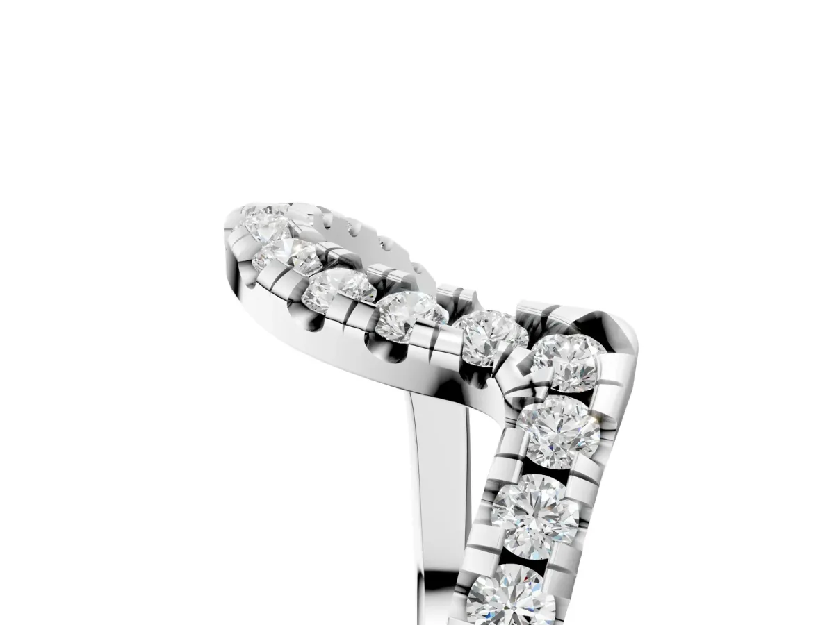 Round Diamond Pavé V-Shaped Contour Band with Shared Prong Setting Silver