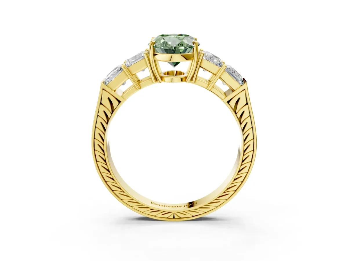 Fancy Green Oval Cut Solitaire Princess Side Stone Engraved Band Prong Setting Ring Yellow gold