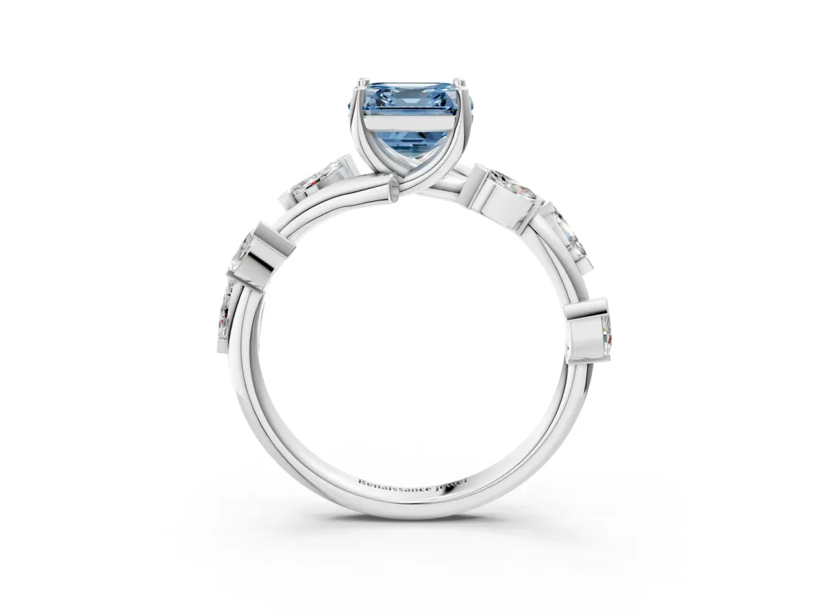 Fancy Blue Asscher Cut Solitaire Twisted Band Marquise Accent Prong Setting Ring Platinum