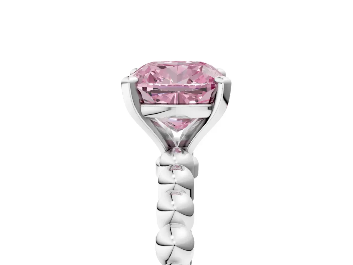 Fancy Pink Cushion Cut Diamond Solitaire Ring with Beaded Band and Prong Setting Silver
