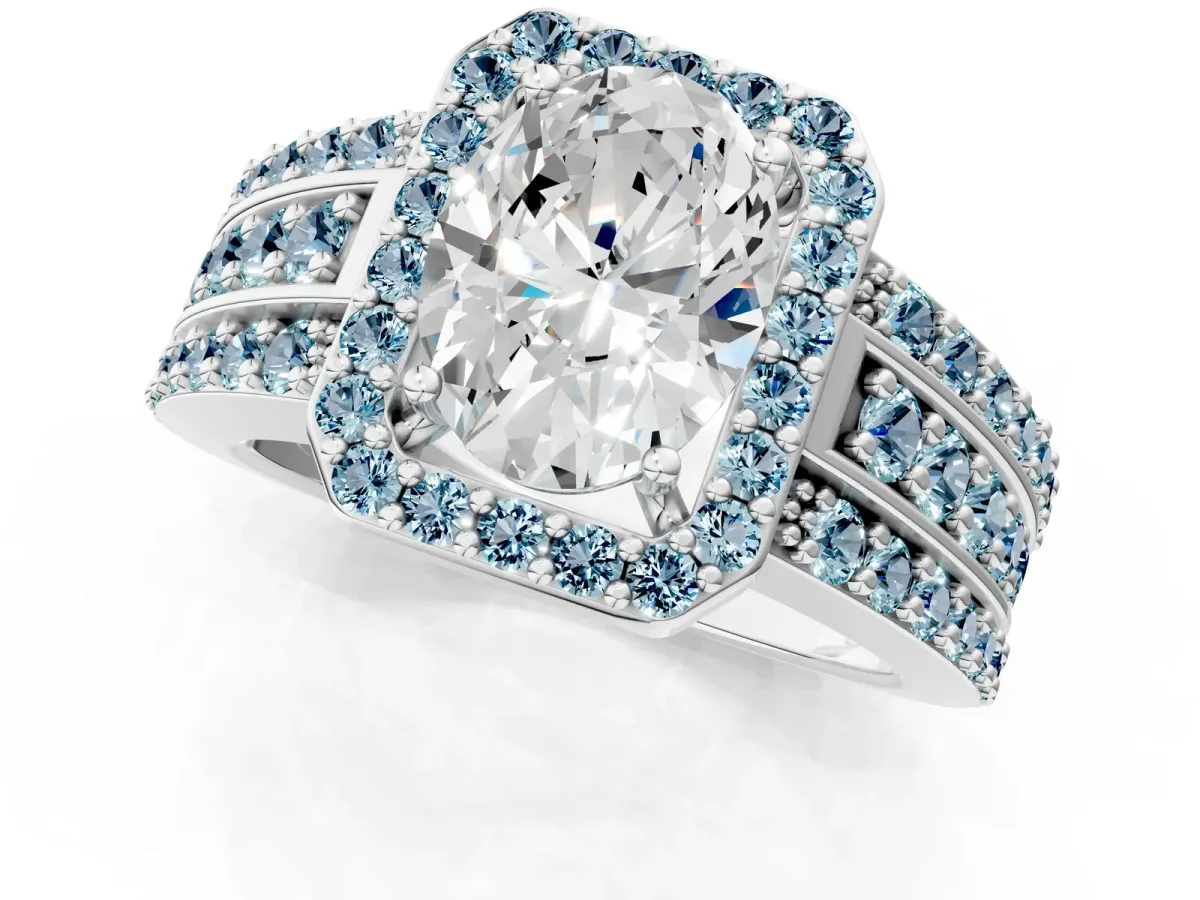 Oval Cut Halo Diamond Ring with Round Aquamarine Split Shank and Prong Setting Silver