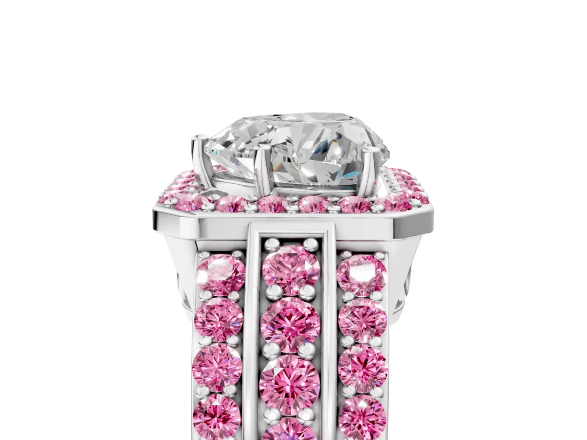 Heart Cut Halo Diamond Ring with Round Pink Sapphire Split Shank and Prong Setting Silver