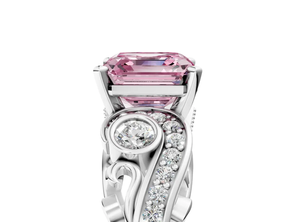 Fancy Pink Asscher Cut Diamond Solitaire Ring with Milgrain Pavé Band and Four-Prong Setting Silver