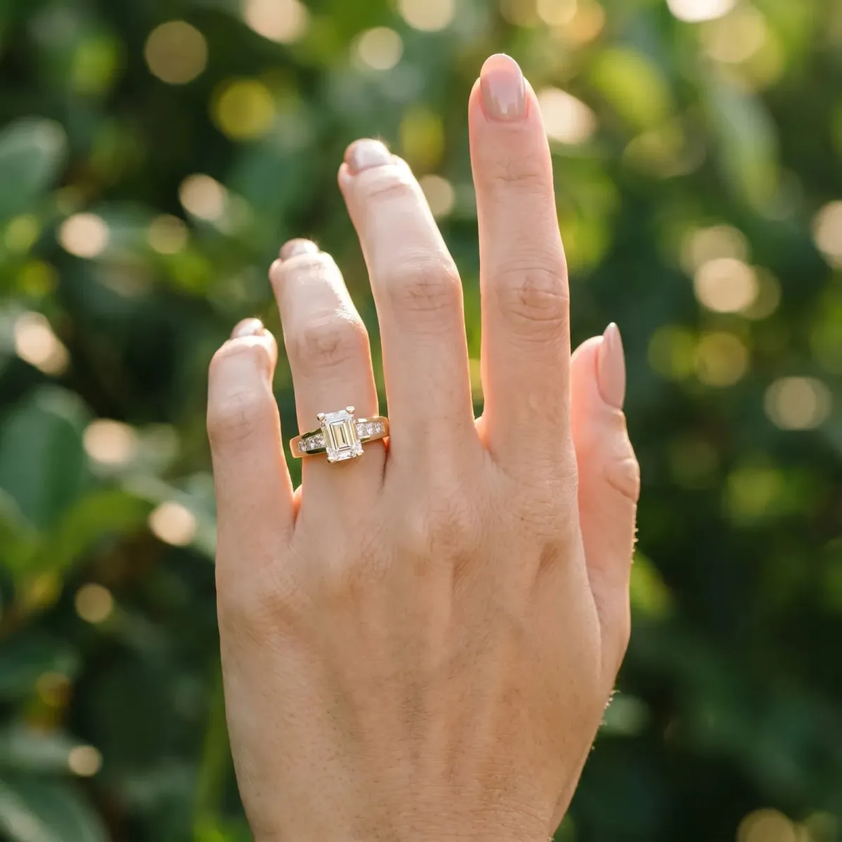 Emerald Cut Cut Channel Set Solitaire Ring with Four-Prong Setting Yellow gold