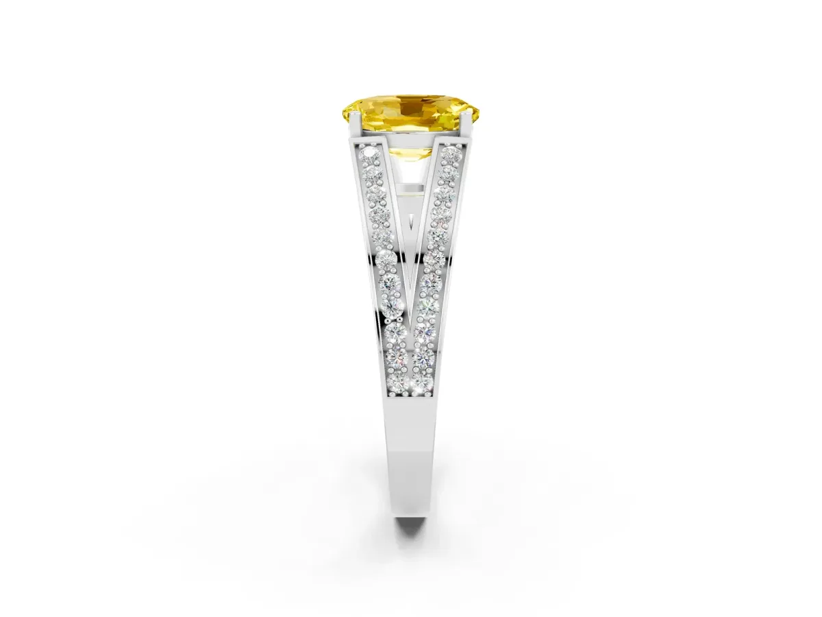Oval Cut Yellow Sapphire Split Shank Ring with Pavé Band and Four-Prong Setting White gold