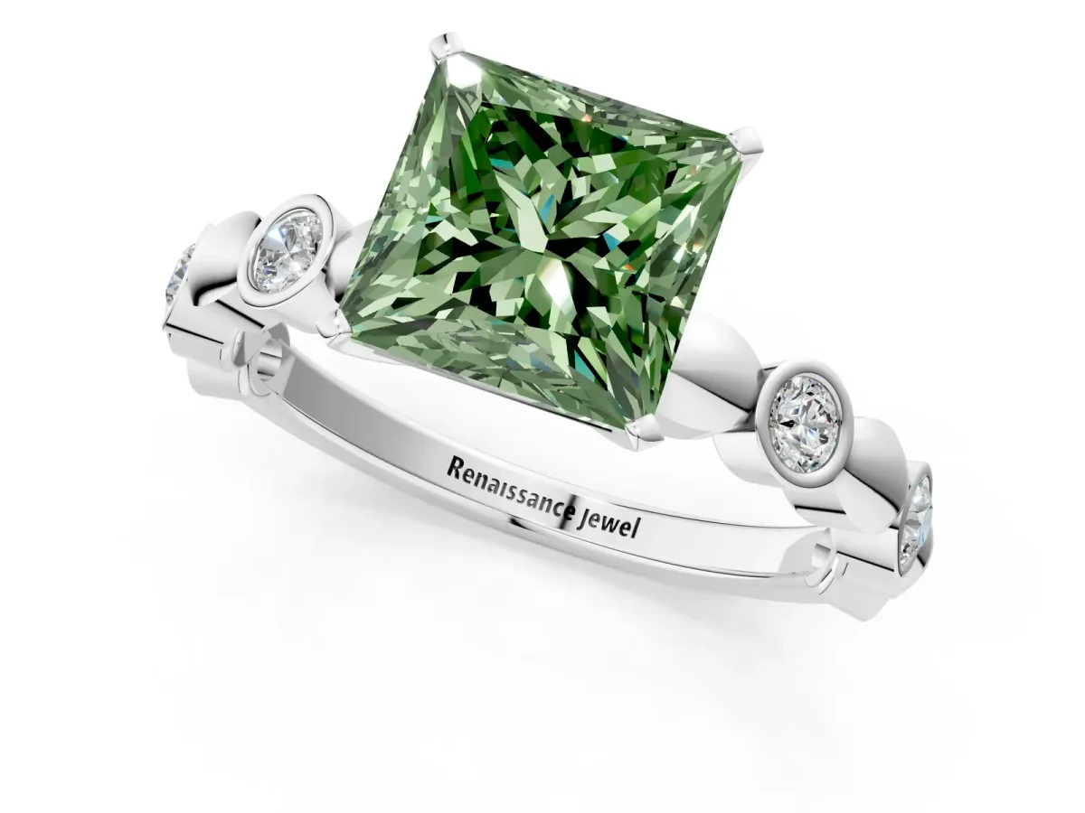 Fancy Green Princess Cut Solitaire Bezel-Set Diamond Ring with Beaded Band and Four-Prong Setting Silver