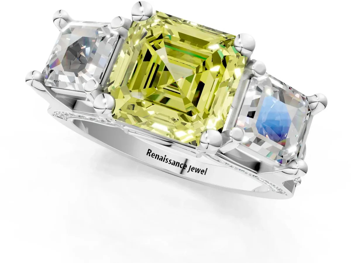 Fancy Yellow Asscher Cut Diamond Three-Stone Ring with Channel Set Band and Four-Prong Setting Platinum