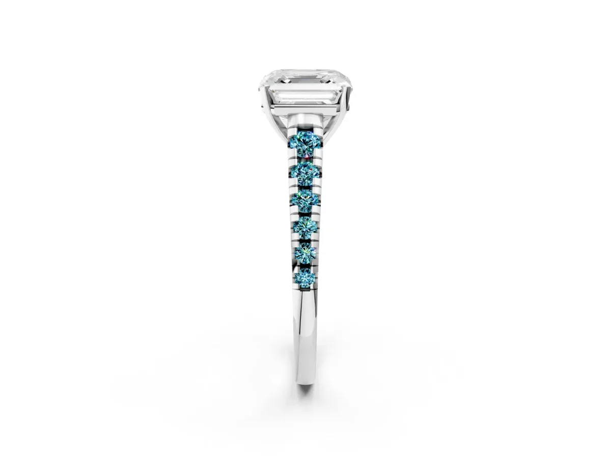 Asscher Cut Diamond Cathedral Solitaire Ring with Round Blue Topaz Pavé Band Silver