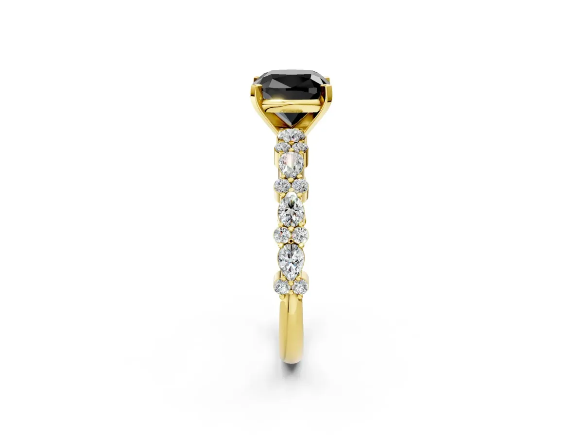 Fancy Black Cushion Cut Diamond Side Stone Solitaire Ring with Round and Four-Prong Setting Yellow gold