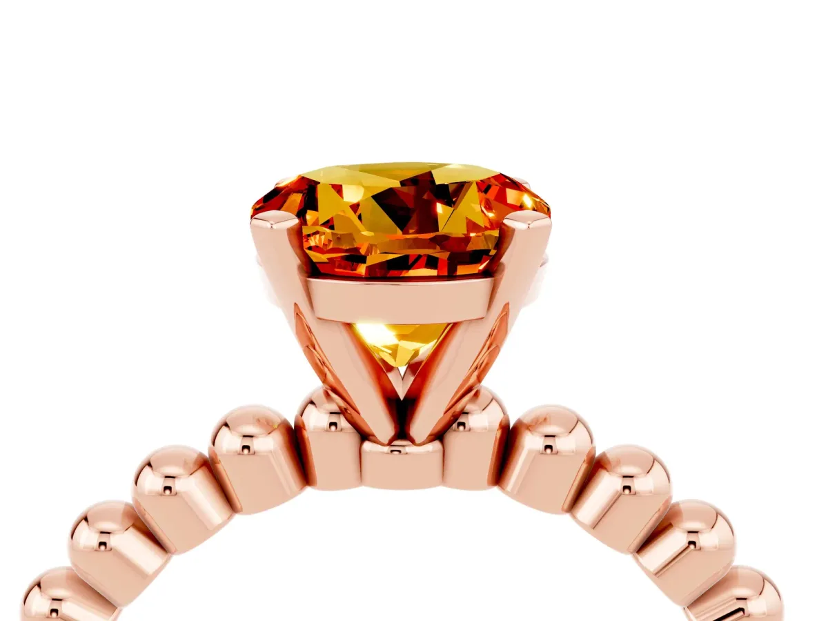 Round Cut Citrine Solitaire Ring with Beaded Band and Prong Setting Rose gold