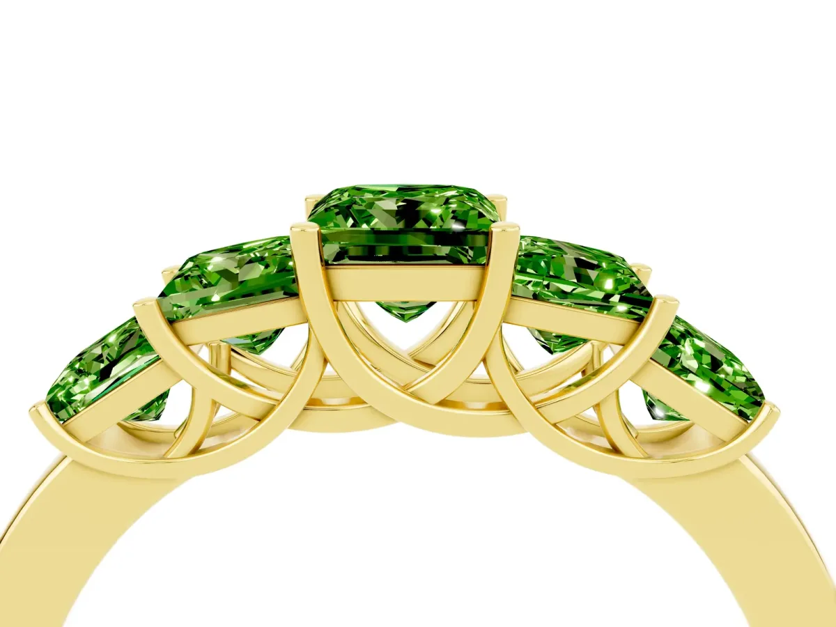 Princess Cut Five-Stone Peridot Ring with Classic Prong Setting Yellow gold