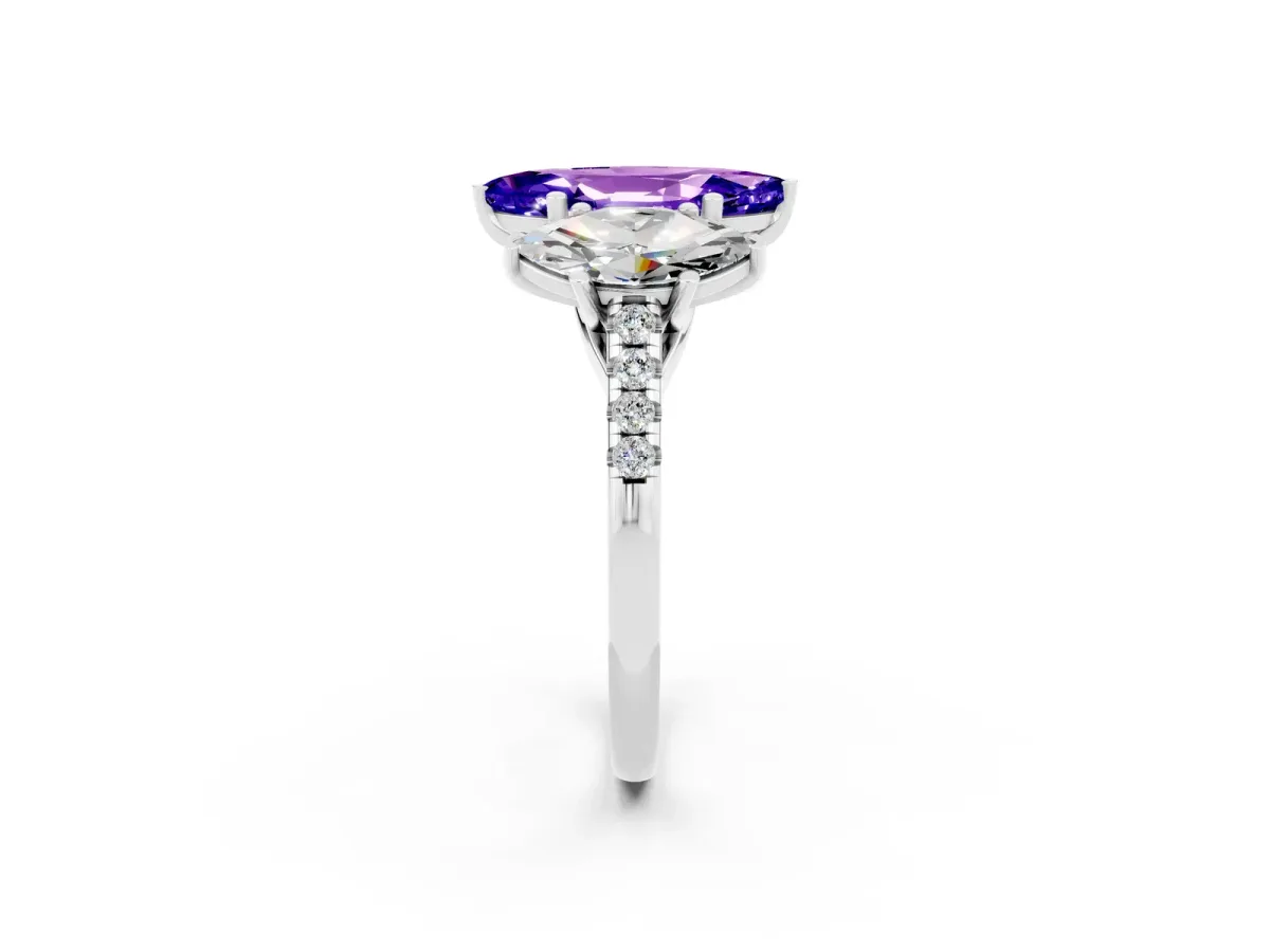 Three-Stone Marquise Cut Tanzanite Ring with Round Pavé Band and Prong Setting Silver