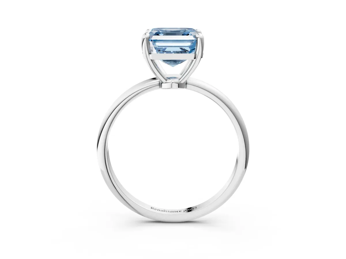 Fancy Blue Asscher Cut Solitaire Diamond Ring with 4-Prong Setting on a Classic Band White gold