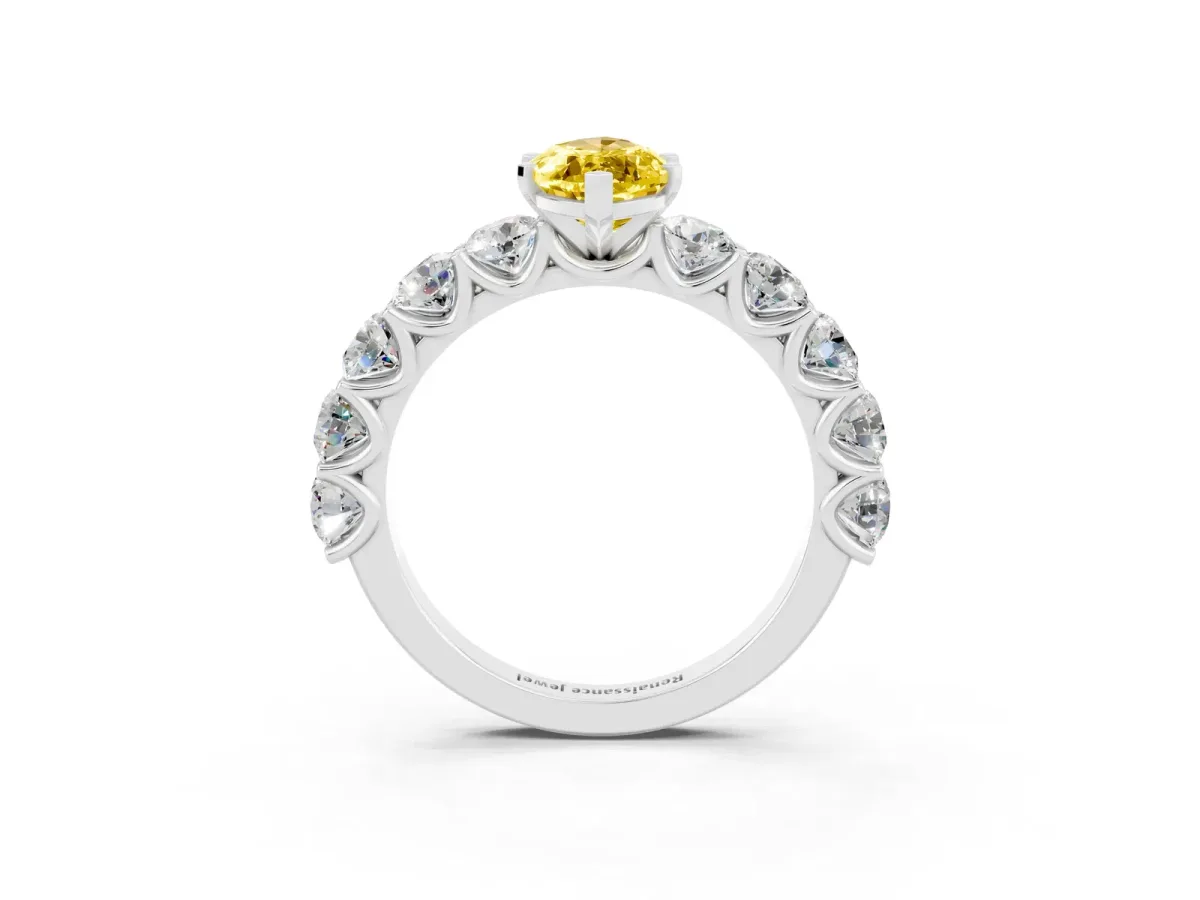 Marquise Cut Yellow Sapphire Prong Setting with Side Stones on a Pave Band Silver