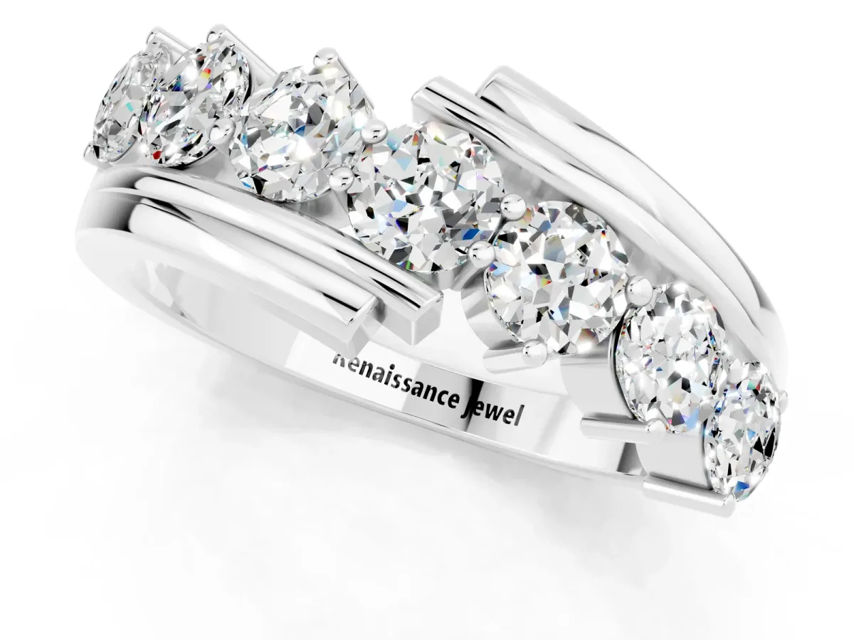 Round Moissanite Wave Band with Channel and Shared Prong Setting White gold