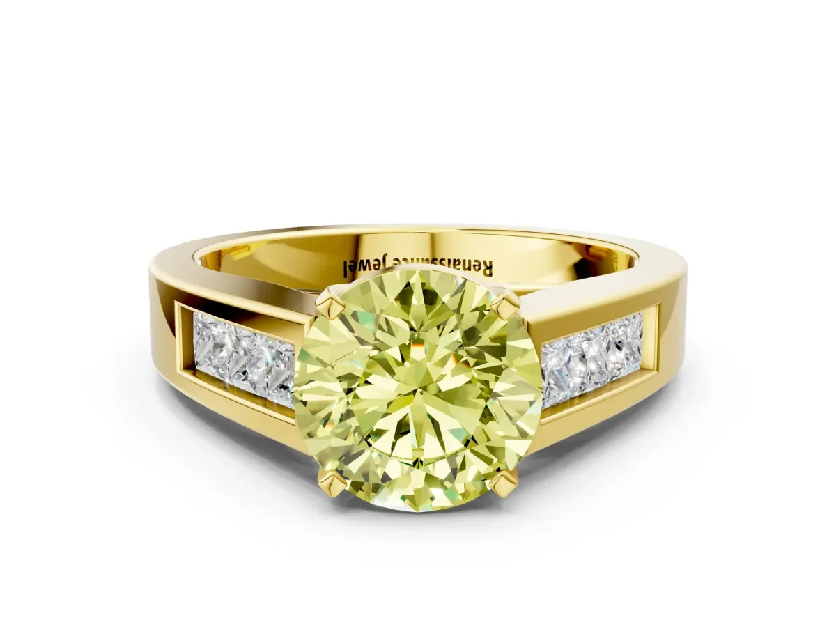 Fancy Yellow Round Cut Cut Channel Set Solitaire Ring with Four-Prong Setting Yellow gold