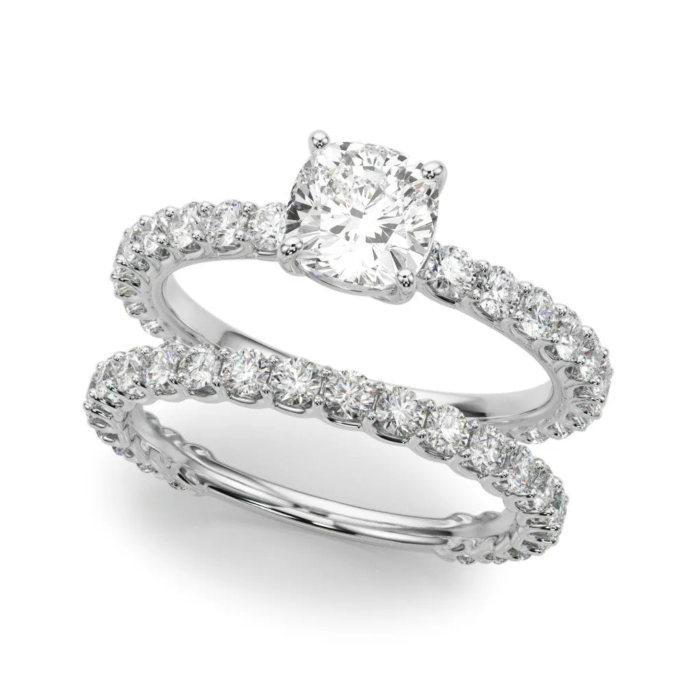 Emerald Cut Cut Diamond Solitaire Ring with U-Prong Diamond Band and Four Prong Setting Platinum