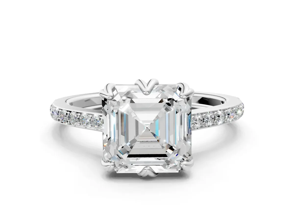 Asscher Cut Solitaire Diamond Engagement Ring with Pave Band and Six-Prong Setting Platinum