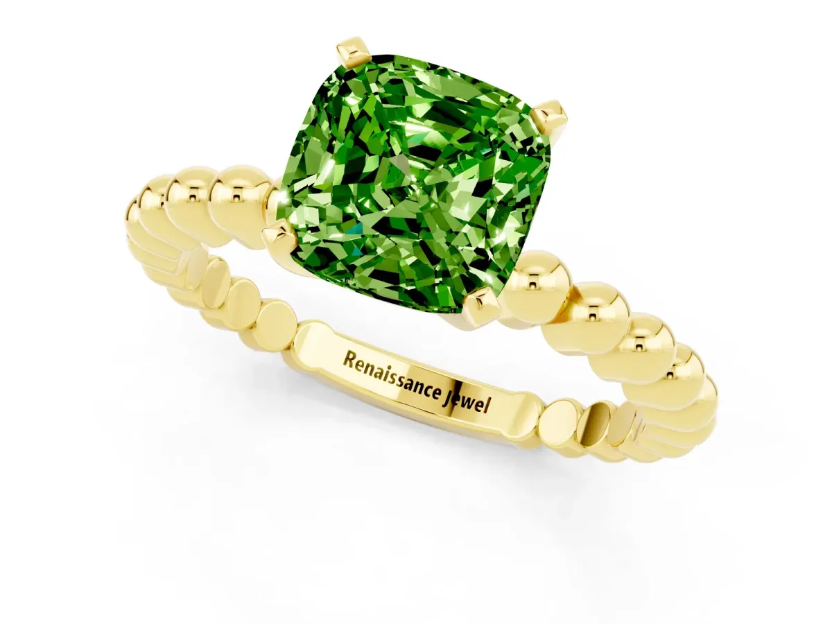 Cushion Cut Peridot Solitaire Ring with Beaded Band and Prong Setting Yellow gold