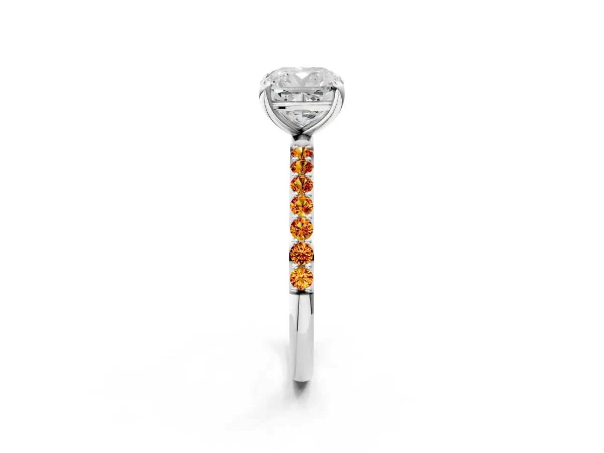 Cushion Cut Diamond Solitaire Ring with Round Citrine Pavé Band and Prong Setting Silver