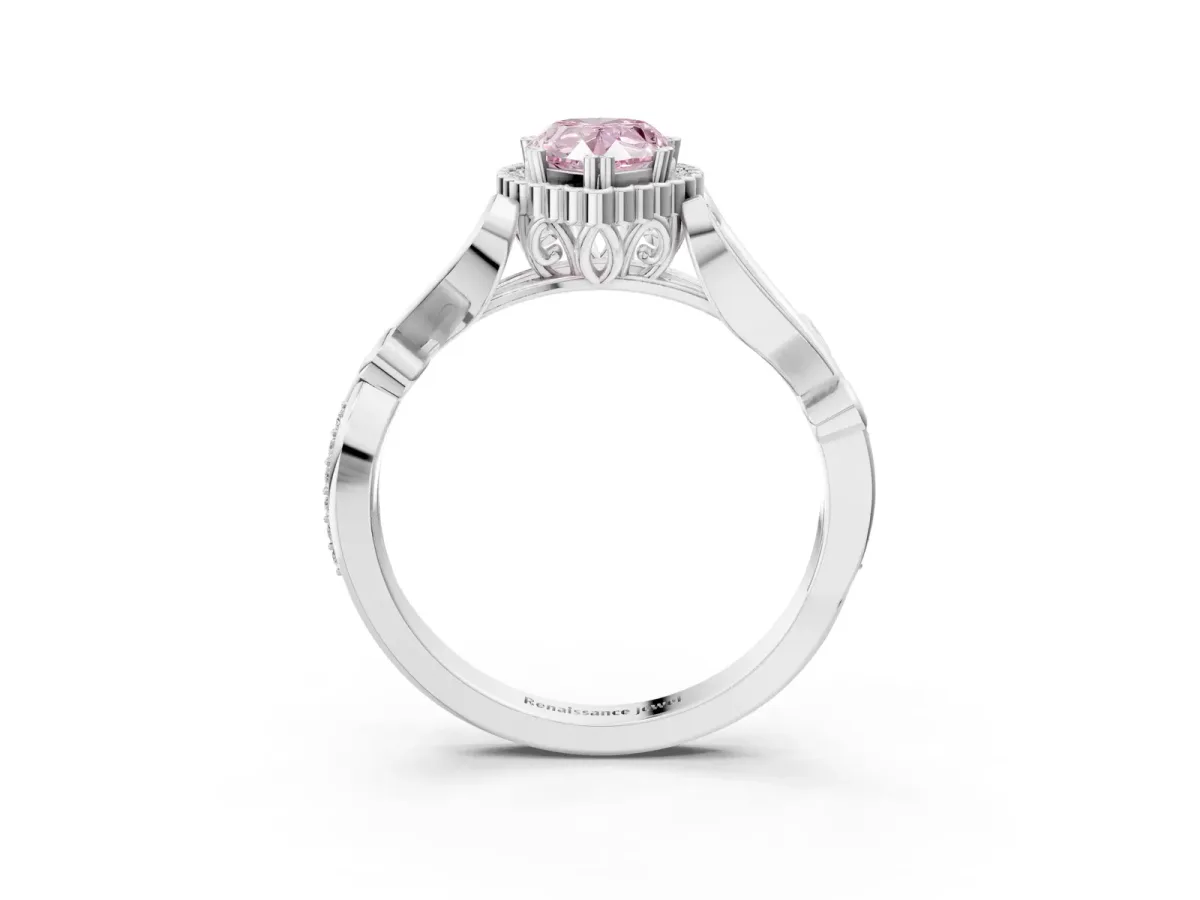 Fancy Pink Pear Cut Diamond Halo Ring with Vintage Split Shank and Four-Prong Setting Platinum