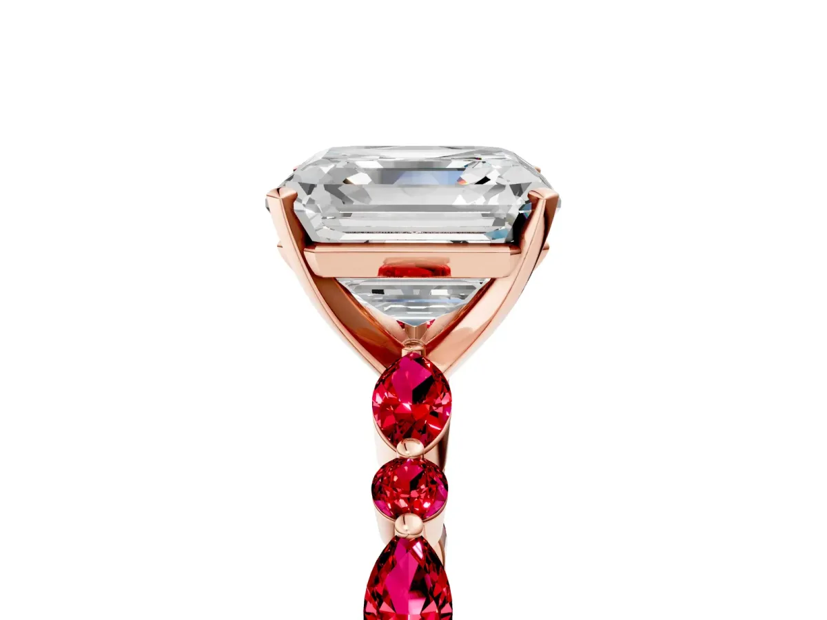 Asscher Cut Diamond Ring with Marquise and Round Ruby Side Stones and Four-Prong Setting Rose gold