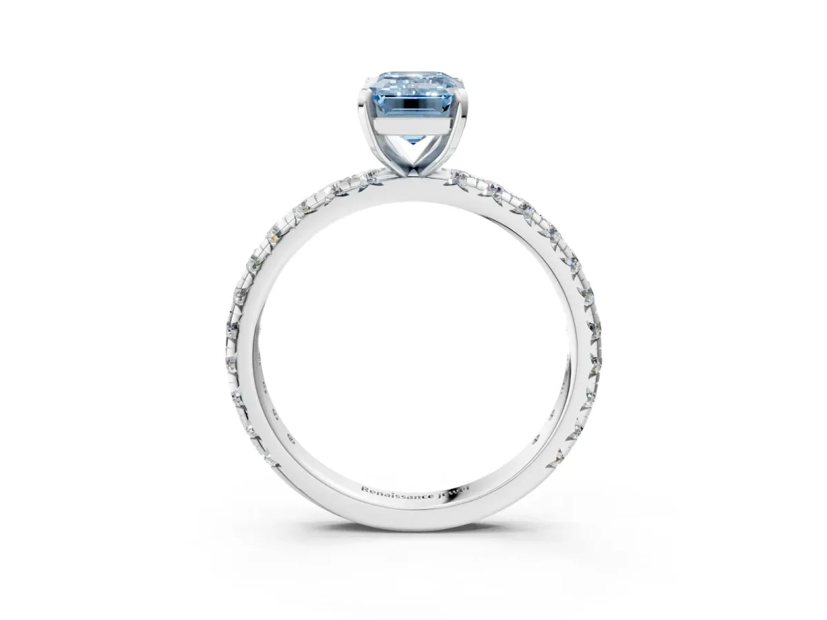 Fancy Blue Emerald Cut Diamond Pavé Solitaire Ring with Round Band and Prong Setting White gold