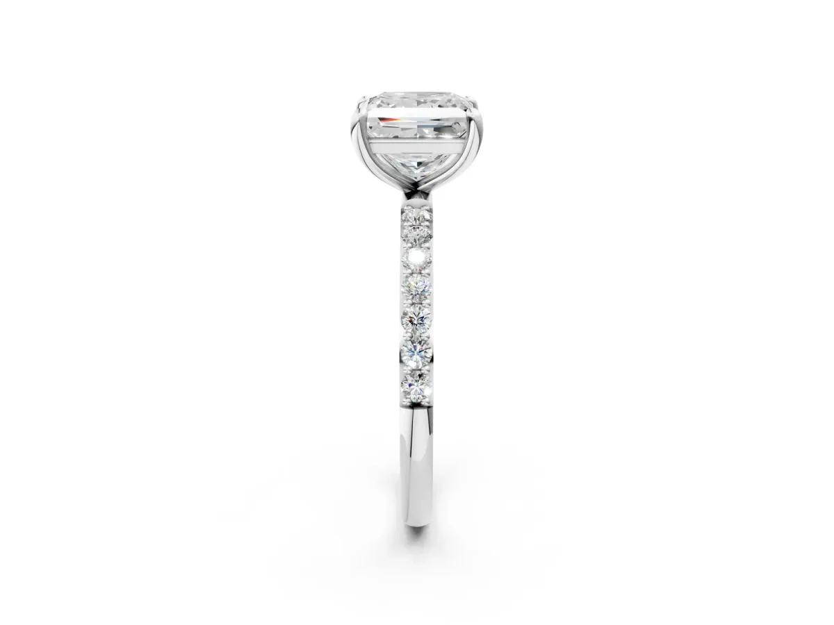 Princess Cut Diamond Solitaire Ring with Round Pavé Band and Prong Setting Platinum