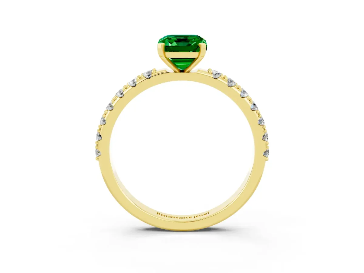 Emerald Cut Emerald Solitaire Pavé Band with Four-Prong Setting Yellow gold