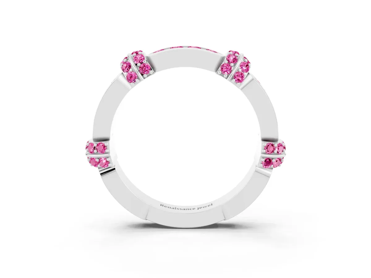 Pavé Round Pink Sapphire Link Band with Bezel Setting Platinum