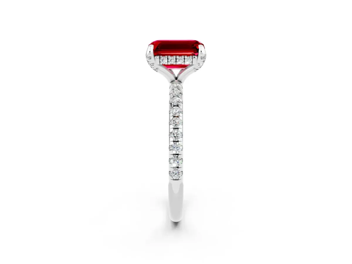 Emerald Cut Ruby Hidden Halo Engagement Ring with Round Pavé Band and Prong Setting Silver