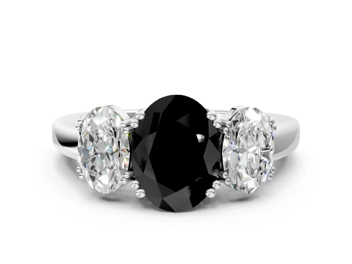 Fancy Black Three-Stone Oval Cut Cut Diamond Ring with Channel Set Band and Four-Prong Setting Silver