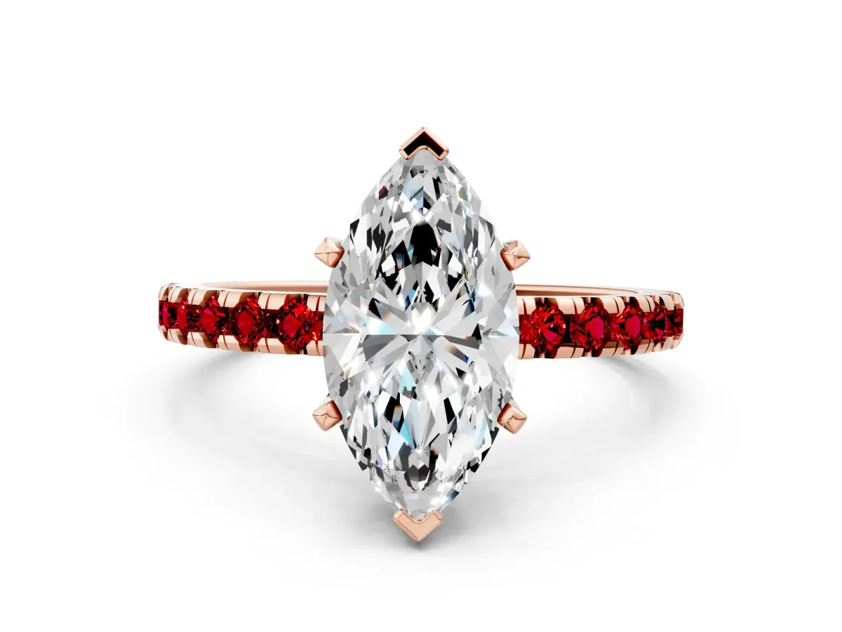 Marquise Cut Diamond Solitaire Ring with Round Ruby Pavé Band and Four-Prong Setting Rose gold