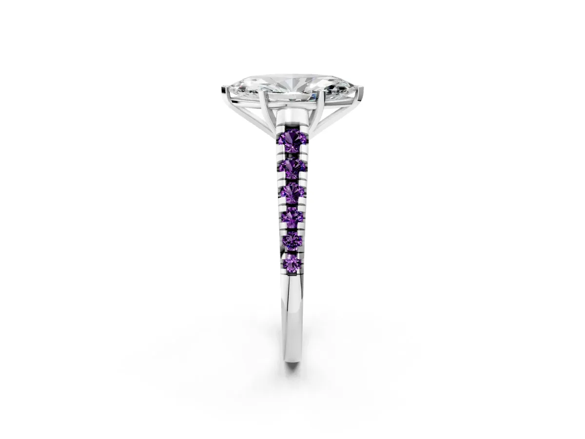 Marquise Cut Diamond Cathedral Solitaire Ring with Round Amethyst Pavé Band Silver