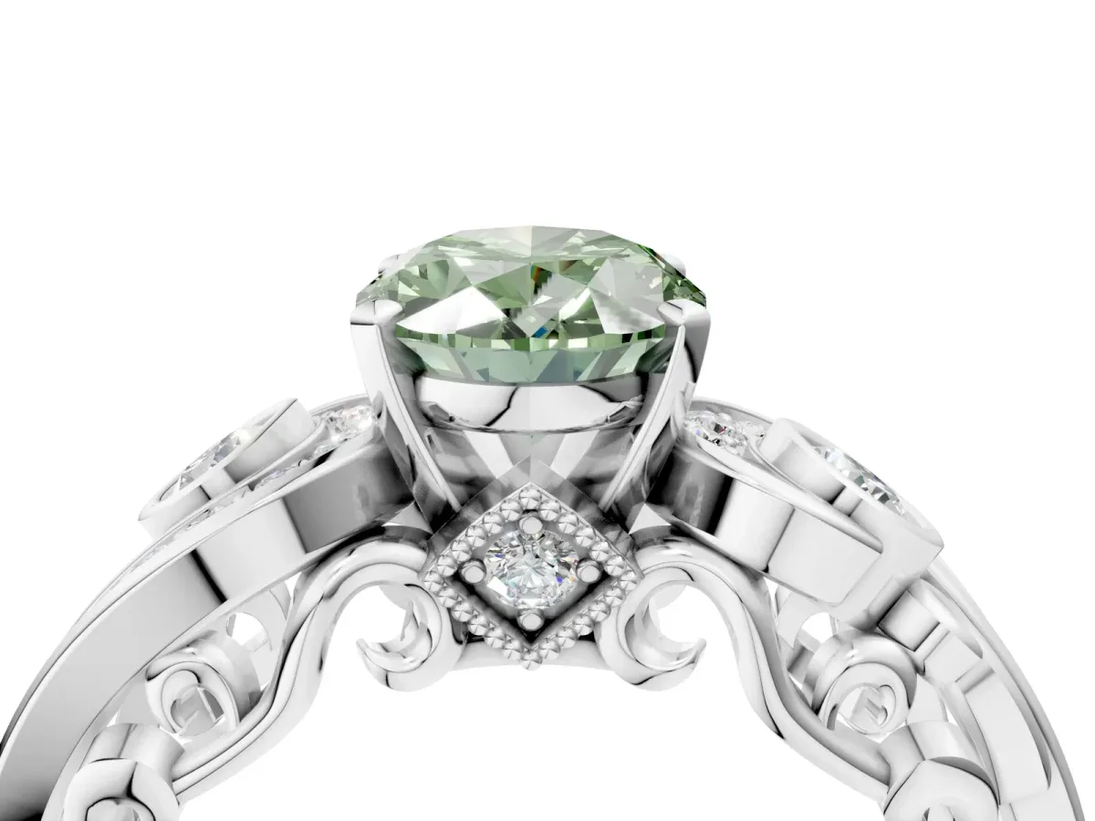 Fancy Green Oval Cut Diamond Solitaire Ring with Milgrain Pavé Band and Four-Prong Setting Silver