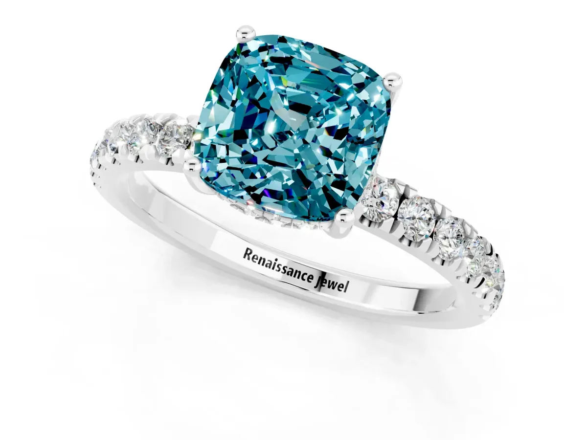 Cushion Cut Blue Topaz Pave Band Solitaire Ring with Round and Prong Setting Platinum